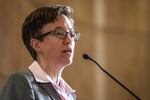 Speaker of the House Tina Kotek speaks to the public in the rotunda of the capitol building in Salem on Thursday, May 14, 2015.