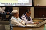 Jeremy Takala, Yakama Nation tribal councilman and vice chair of Columbia River Inter-Tribal Fish Commission, addresses the Oregon Department of Fish and Wildlife Commission at a meeting held in Salem on Aug. 4, 2023. Sitting next to Takala is Ferris Paisano, member of the Nez Perce executive committee.