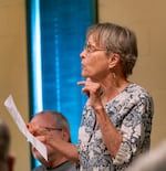 Linda Kentro asks Rep. Cliff Bentz, R-Ontario, a question as he speaks at a Rotary Club meeting in The Dalles, Ore., Aug. 20, 2025.