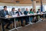 (Left to right) Oregon Attorney General Dan Rayfield, U.S. Rep. Maxine Dexter, U.S. Sens. Jeff Merkley and Ron Wyden, U.S. Reps. Val Hoyle, Andrea Salinas and Suzanne Bonamici, during a town hall held at the Federal Building in Portland, Ore., March 17, 2025. The event aimed to provide an opportunity for federal employees to talk about the impact of layoffs in the federal government.