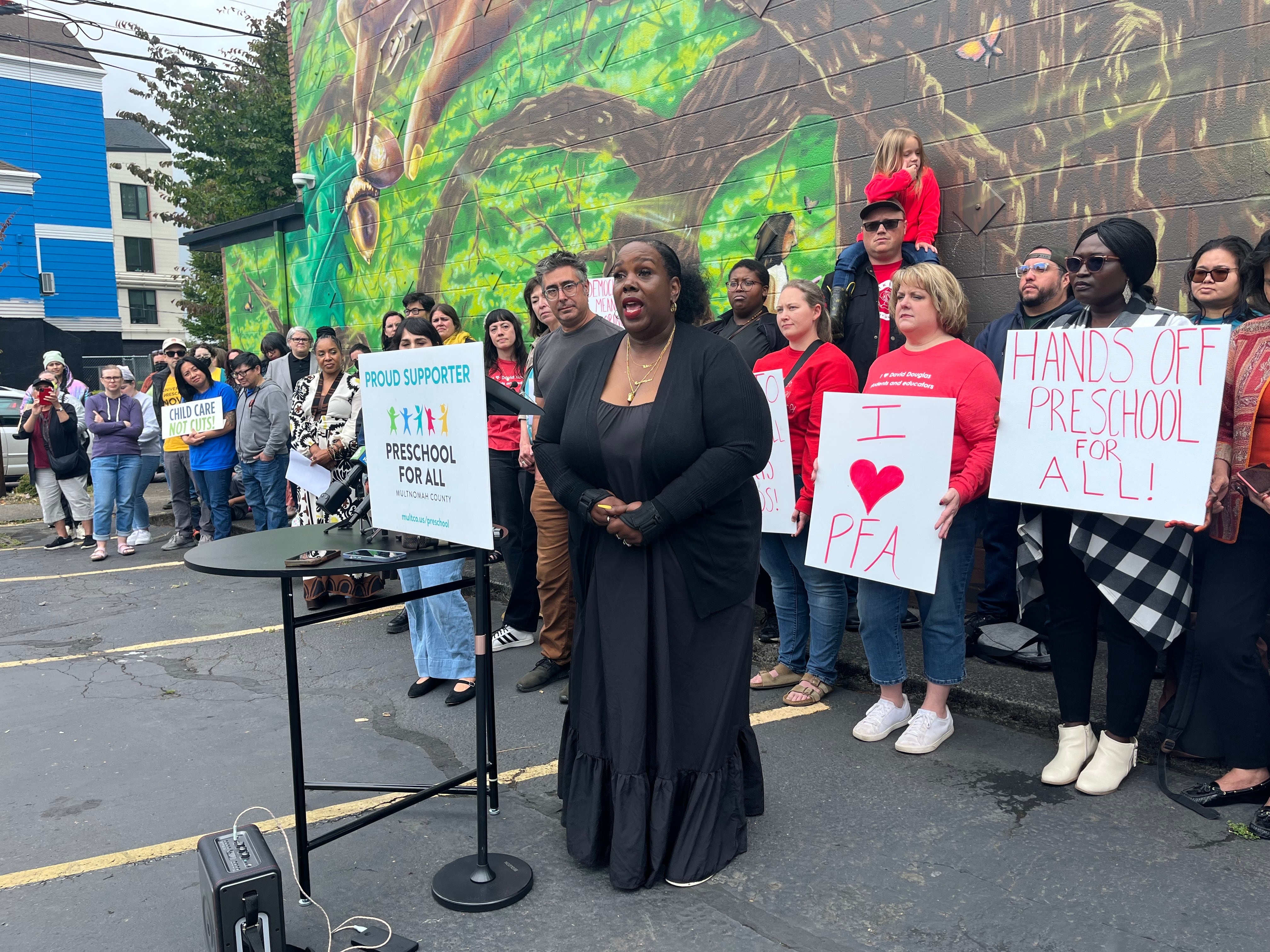Lydia Gray-Hollifield speaks out in support of Multnomah County's Preschool for All program outside of Escuela Viva in Southeast Portland on Wednesday, June 25, 2025.