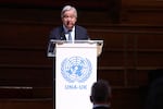 United Nations (UN) Secretary-General Antonio Guterres speaks at the UNA-UK conference to mark the 80th anniversary of the founding of the UN, at Methodist Central Hall, the site of the inaugural UN General Assembly, in London on January 17, 2026. in central London on January 16, 2026.