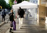 A misting tent is set up outside of Blanchet House in Portland, Aug. 22, 2025, to cool folks during the triple-digit temperatures. The program that serves people in need including those who are experiencing homelessness.