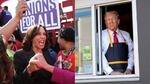 (Left) Kamala Harris attends a pro-union march in Los Angeles on October 2, 2019; (Right) Donald Trump visited a McDonald's restaurant in Feasterville-Trevose, Pa., on October 20, 2024.