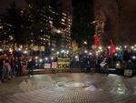 Hundreds gather in Terry Schrunk Plaza in downtown Portland, Ore., to protest war in Iran, Friday, Jan. 3, 2020. The anti-war rally was a response to the U.S. assassination of Iranian Gen. Qassim Suleimani.