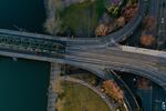 Aerial view of Hawthorne Bridge during morning rush in downtown Portland, Oregon, during coronavirus pandemic, March 20, 2020.