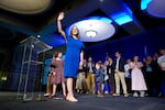 Sarah McBride, Democratic candidate for Delaware's at-large congressional district, waves at supporters during an election night watch party Tuesday, Nov. 5, 2024, in Wilmington, Del.