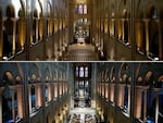 This combination of pictures created on November 29, 2024 shows the nave of Notre-Dame de Paris cathedral in Paris on November 29, 2024 (TOP) and on June 28, 2017 (BOTTOM). The Notre-Dame Cathedral is set to re-open early December 2024, with a planned weekend of ceremonies on December 7 and 8, 2024, five years after the 2019 fire which ravaged the world heritage landmark and toppled its spire. Some 250 companies and hundreds of experts were mobilised for the five-year restoration costing hundreds of millions of euros.