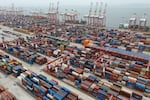 Shipping containers are seen ready for transport at the Guangzhou Port in the Nansha district in southern China's Guangdong province in April.