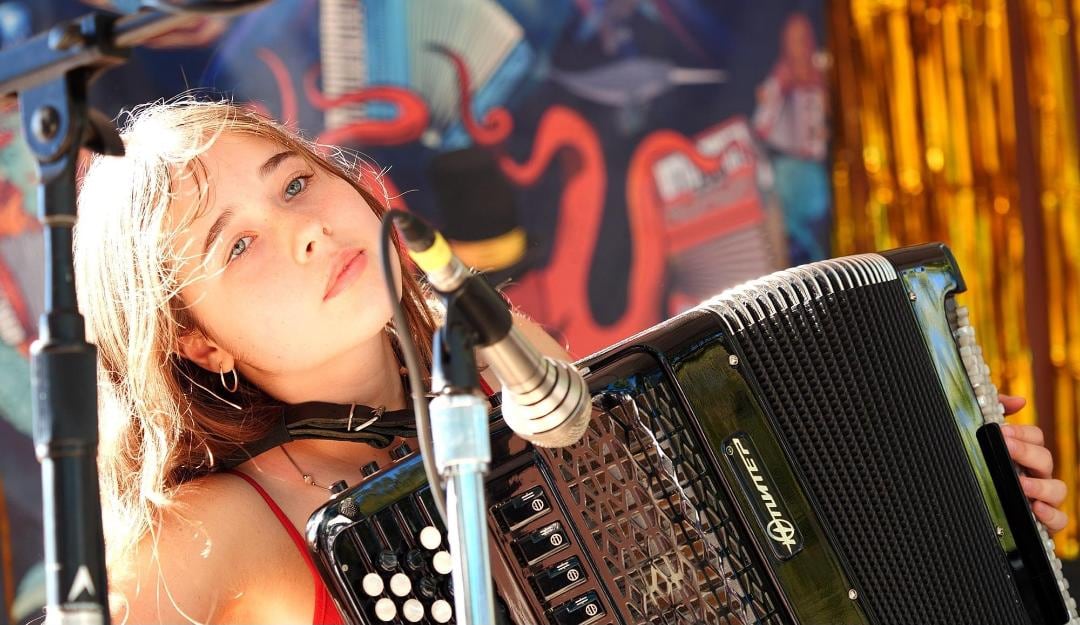 Eugene accordionist Maria Telesheva, shown here in an undated provided photo. The 17-year-old has traveled the globe performing and competing as a solo artist and as a duo with her father, Sergei.