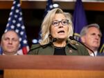 Then-Republican Conference Chair Rep. Liz Cheney, flanked by House Minority Leader Rep. Kevin McCarthy, right, and Republican Whip Rep. Steve Scalise, criticizes Democrats' impeachment of then-President Donald Trump in December 2019. Now she is trying to convince the public that Trump is to blame for the Jan. 6 insurrection.