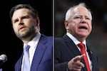 Left: Republican vice presidential nominee Sen. JD Vance of Ohio speaks at a campaign rally on July 30 in Reno, Nevada. Right: Democratic vice presidential candidate Minnesota Gov. Tim Walz speaks during a campaign rally with his running mate, Vice President Harris, at the University of Las Vegas Thomas & Mack Center on August 10 in Las Vegas.