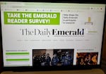 The online front page of University of Oregon's student-run paper, The Daily Emerald, as pictured Feb. 24, 2026.