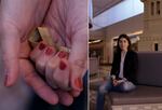 A close up of EJ Beck's hands with red fingernail polish holding a gold, sparkly ribbon is on the left. A portrait of her as an adult is on the right. She has long, brown hair and is wearing a blazer.