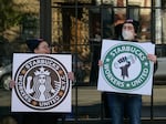 Starbucks workers strike outside a Starbucks coffee shop on Nov. 17, 2022, in Brooklyn, protesting the company's anti-union activities.