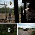 José Albornoz encounters Luis Valderrama on the banks of the Rio Grande. A sign on Valderrama's property guides migrants to turn themselves.