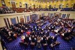 An official Senate photographs shows senators taking the oath at the start of the Senate impeachment trial on Wednesday.