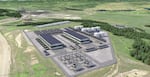 Artist’s rendering of the hydrogen production plant proposed in Centralia, Washington, by Australia-based Fortescue Future Industries. The soon-to-close Centralia coal power station can be seen at left rear. The hydrogen project is now on hold.