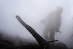 Smoke and steam shroud a wildland firefighting trainee as he works to mop-up a fire.