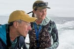 University of Puget Sound seabird biologist Peter Hodum and his former student, Salish Sea School naturalist Olivia Fross ride the Koinonia on Puget Sound on Sept. 6, 2025.