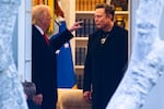 President Trump and his adviser Elon Musk speak before departing the White House on his way to his South Florida home in Mar-a-Lago in Florida on March 14, 2025.
