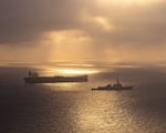 A U.S. Navy ship, the USS Rafael Peralta, takes part in a maritime blockade against an Iranian-flagged ship attempting to sail toward an Iranian port on April 24. The photo was provided by U.S. Central Command.