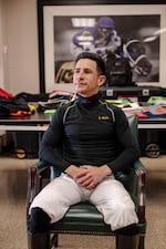 Jockey Junior Alvarado (38) poses for a portrait in the jockey quarters of Churchill Downs in Louisville, Ky., on April 30, 2025.