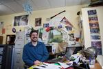 Todd Brothers in his middle school classroom in La Center, Washington. In addition to hurling, Brothers participates in medieval reenactment and armored combat — swordfighting, to the layperson.