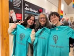 Shayna Meltzer, Enid Lefton, and Lili Wechsler-Azen met through the Eugene Lesbian Oral History Project. They are pictured at the opening of the Outliers and Outlaws museum exhibit.