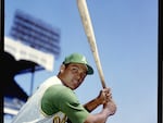 BRONX, NY - 1968: Reggie Jackson of the Oakland Athletics poses an action portrait at Yankee Stadium in Bronx, New York in 1968. (Photo by Louis Requena /MLB via Getty Images)