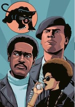An illustrated page shows the Black Panther Party logo, and party leaders Huey P. Newton, Bobby Seale, and Kathleen Cleaver, against a blue background.