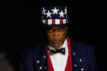 Samuel L. Jackson watches during halftime of the NFL Super Bowl 59 football game between the Kansas City Chiefs and the Philadelphia Eagles.