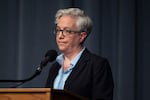 Democratic Gov. Tina Kotek, during the gubernatorial debate in Eugene, Ore., at the University of Oregon, on Thursday, Oct. 1, 2026.