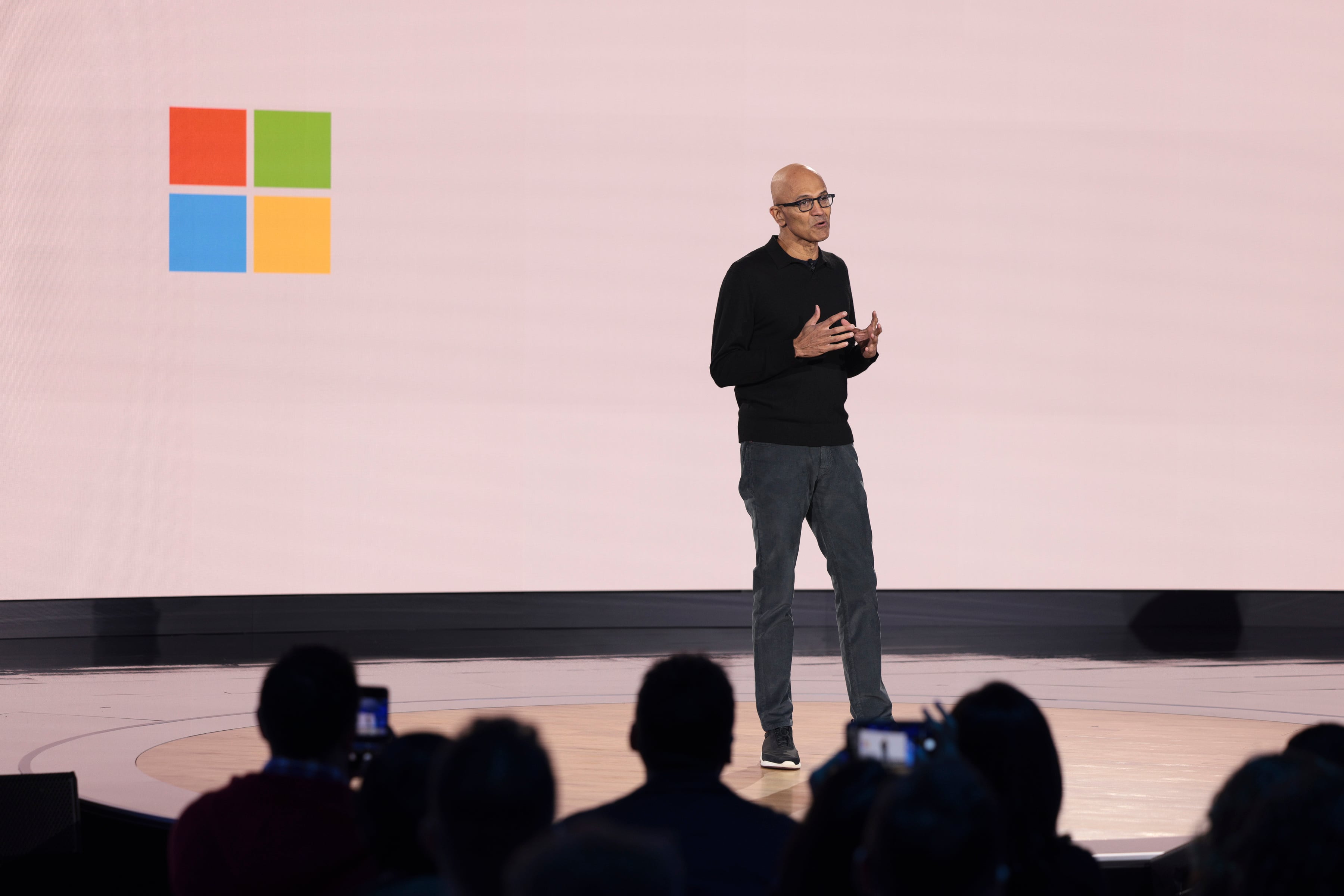 FILE - Microsoft Chairman and CEO Satya Nadella speaks during a presentation of the company's AI assistant, Copilot, and 50th Anniversary celebration at Microsoft headquarters, in Redmond, Wash., April 4, 2025.
