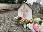 A memorial near the railroad tracks where Jesus Garcia Santiago was killed. Now the Woodburn School District is trying to map out safer walking paths to school.