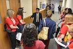 Rep. Ricki Ruiz, D-Gresham, speaks with parents, teachers and other advocates about education funding and his plan for state budgets on April 30, 2025, in Salem, Ore.