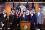 U.S. Speaker of the House Mike Johnson (R-LA) speaks during a news conference on the government shutdown at the U.S. Capitol on October 22, 2025 in Washington, DC. (L-R) Johnson was joined by Rep. Mike Simpson (R-ID), Rep. Bruce Westerman (R-AR), House Majority Conference Chair Lisa McClain (R-MI), Majority Leader Steve Scalise (R-LA), and House Majority Whip Tom Emmer (R-MN).