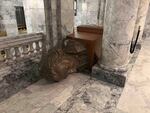 A bust of George Washington lies tipped over on the third floor of the Washington state Capitol building in Olympia, after a vandal broke in and caused damage on Oct. 5.