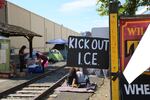 People camp along trolley tracks outside the ICE facility in Southwest Portland on June 19, 2018.