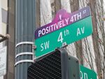 SW 4th Av with its temporary new name honoring Bob Dylan.