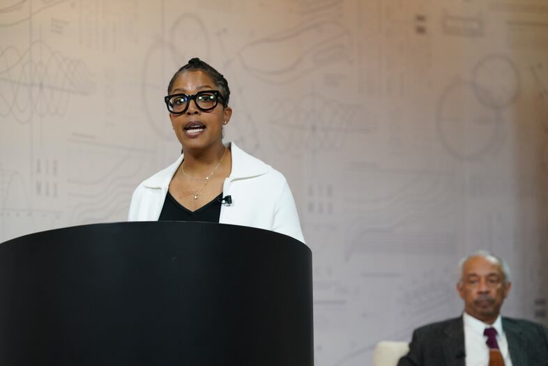 Rukaiyah Adams speaks at Nike's Beaverton campus on Monday, April 24, 2023, to announce the 1803 Fund, a new initiative, backed with $400 million from Phil and Penny Knight, meant to fund education services, art programs and other projects for Black Portlanders in the inner North and Northeast Portland neighborhoods once known as Albina.