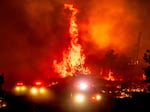 Flames leap above fire vehicles near Paynes Creek in Tehama County, Calif.