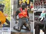 A collage of photos taken this past week of statues of actor Gene Kelly (from left), former Arsenal player Thierry Henry, and British civil engineer Isambard Kingdom Brunel.