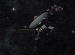 This artist's impression shows one of the Voyager spacecraft moving through the darkness of space.