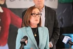 Rep. Andrea Salinas, D-Oregon, speaks to reporters in Woodburn on Feb. 13, 2026.