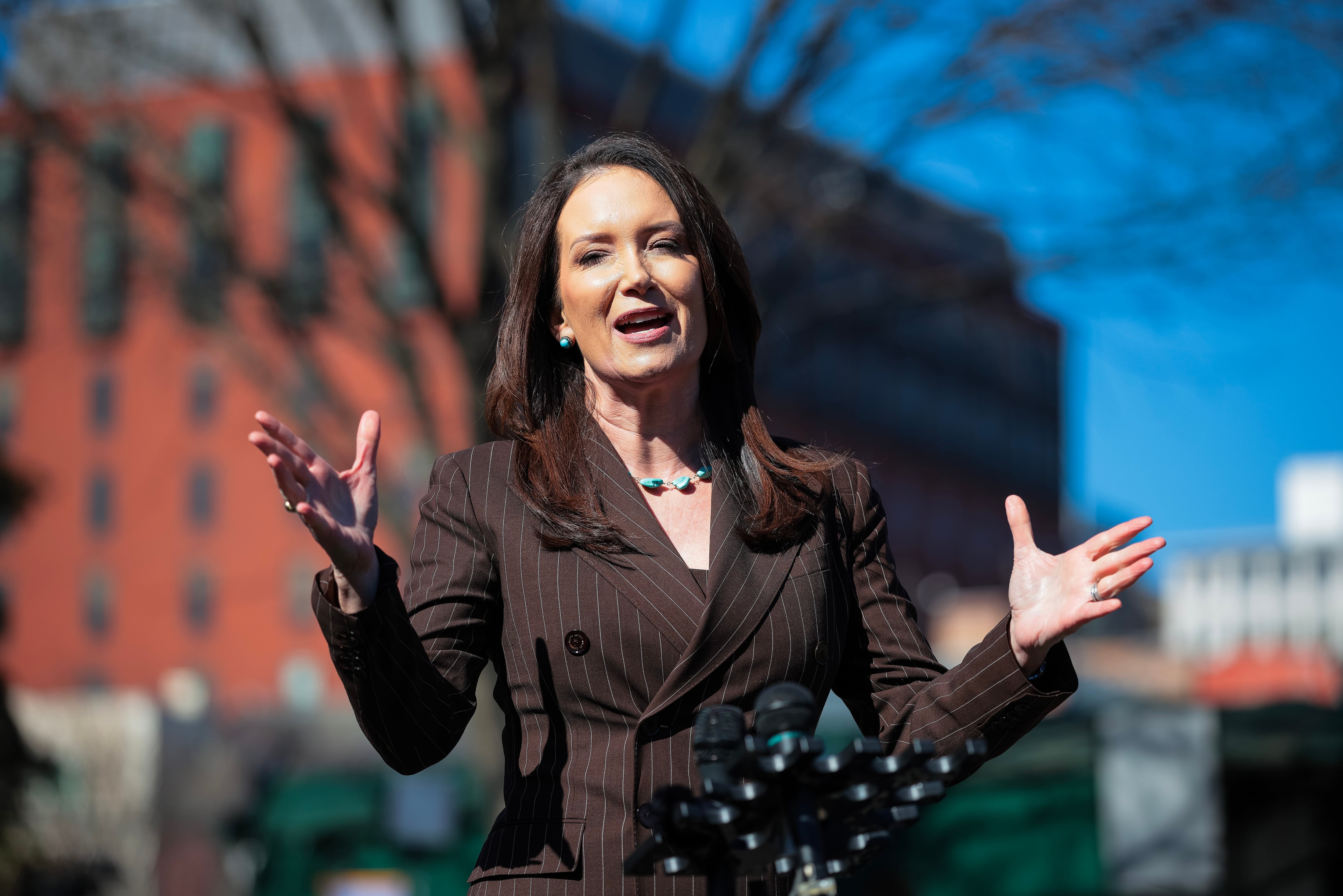 U.S. Agriculture Secretary Brooke Rollins speaks to the press outside the White House on February 14, 2025 in Washington, D.C.