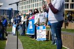 Supporters of PeaceHealth Southwest Medical Center nurses hold signs  during a rally at Vancouver's waterfront on April 10, 2021.