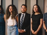 Left to right: Lucero Lopez, Jasmine Perez Moreno, Josue Rodriguez, Raneem La Roux, and Jossue Ureno pose for a portrait at The Leroy and Lucile Melcher Center for Public Broadcasting on Thursday, Aug. 1, 2024, in Houston. 