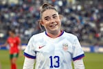 FILE - United States' Olivia Moultrie (13) during the first half of an international friendly women's soccer match, Oct. 26, 2025, in East Hartford, Conn.