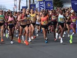 Women runners at the start of the 2024 Boston Marathon. Women couldn't officially compete in this race until 1972.
